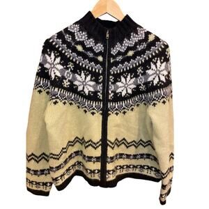 Nordic Design Wool Scandinavian Knit Winter Snowflake Zip Up Sweater Women Large